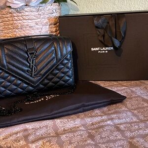 Saint Laurent Black Quilted Leather Monogram Envelope Clutch w/ Box & Dust Bag